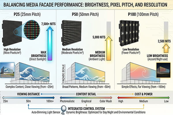 media facade balancing brightness pixel pitch and resolution